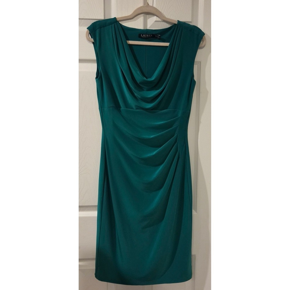 Lauren Ralph Lauren Dress 8 Kelly Green Cowl Neck Ruched Stretch Cocktail